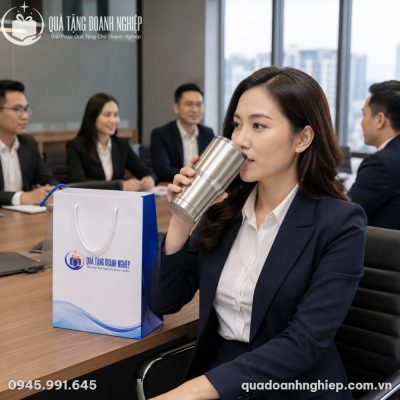 Nữ nhân viên văn phòng sử dụng ly giữ nhiệt inox 900ml LGNQT-06 trong cuộc họp nội bộ của doanh nghiệp