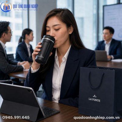 Nữ nhân viên văn phòng trong trang phục vest lịch lãm đang uống nước trực tiếp từ chiếc ly giữ nhiệt đen nhám tại phòng họp tập đoàn