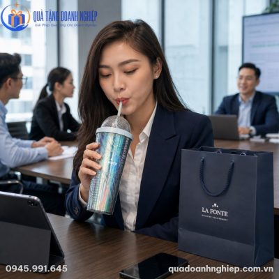 Nữ nhân viên công sở Việt Nam thanh lịch trong buổi họp sử dụng ly giữ nhiệt LGNQT-15