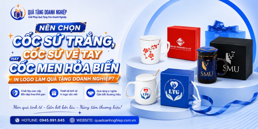 So sánh cốc sứ trắng, cốc vẽ tay và cốc men hỏa biến in logo