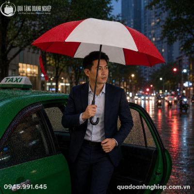Doanh nhân lịch lãm bước xuống từ xe taxi xanh dưới trời mưa cùng ô gấp ngược ODQT-06