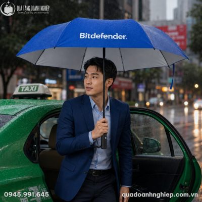 Nam doanh nhân sử dụng ô cầm tay ODQT-10 di chuyển lịch lãm khi bước ra từ xe taxi dưới trời mưa