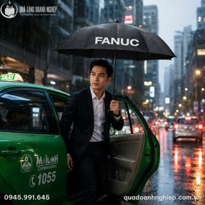 Hình ảnh thực tế doanh nhân sử dụng ô dù ODQT-03 khi bước xuống taxi trong ngày mưa