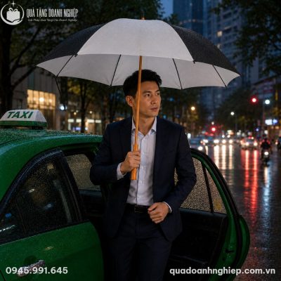 Doanh nhân lịch lãm sử dụng ô dù ODQT-07 di chuyển an toàn và khô ráo dưới trời mưa phố thị