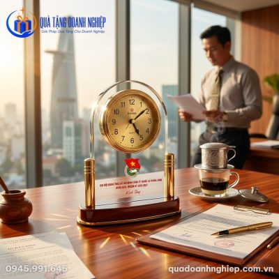 Đồng Hồ Để Bàn Pha Lê Đế Gỗ Quà Tặng Doanh Nghiệp