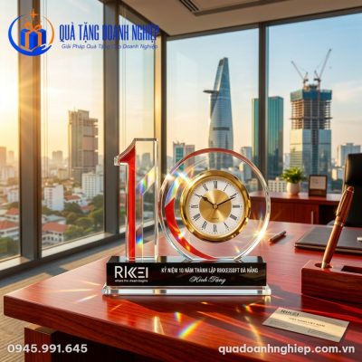 Đồng Hồ Để Bàn Pha Lê In Logo Kỷ Niệm 10 Năm Quà Tặng Doanh Nghiệp