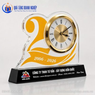 Đồng Hồ Để Bàn Pha Lê Kỷ Niệm 20 Năm In Logo Quà Tặng Doanh Nghiệp