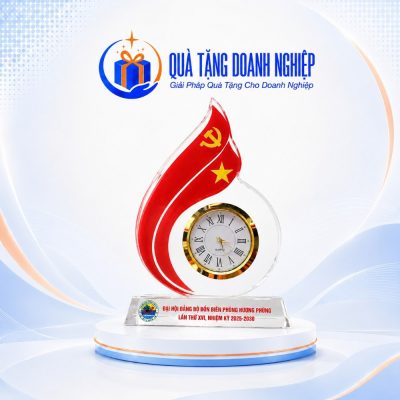 Đồng Hồ Để Bàn Pha Lê Ngọn Lửa In Logo Quà Tặng Doanh Nghiệp