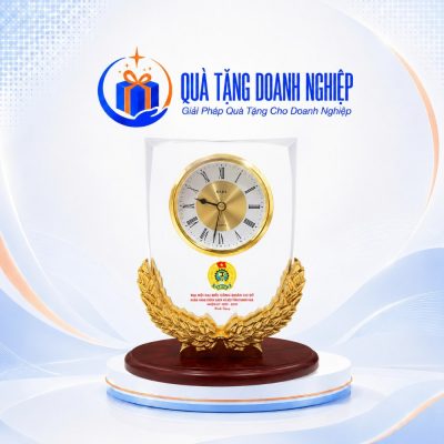Đồng Hồ Để Bàn Pha Lê Nguyệt Quế In Logo Quà Tặng Doanh Nghiệp