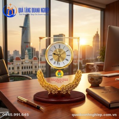 Đồng Hồ Để Bàn Pha Lê Nguyệt Quế In Logo Quà Tặng Doanh Nghiệp