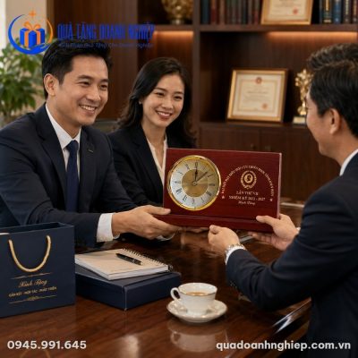 Đồng Hồ Gỗ Để Bàn Quà Tặng Doanh Nghiệp In Logo