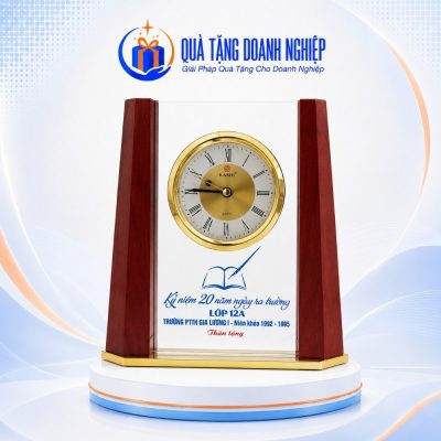 Đồng Hồ Pha Lê Để Bàn Phối Gỗ In Logo Quà Tặng Doanh Nghiệp