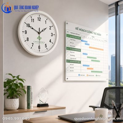 Đồng Hồ Treo Tường Quà Tặng Doanh Nghiệp In Logo Màu Trắng