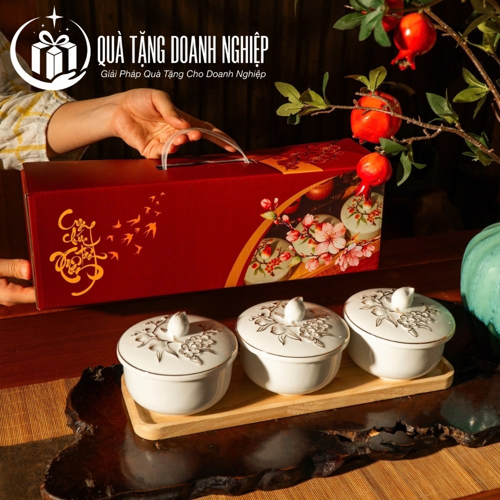 Bộ hũ đựng mứt quà tặng Bát Tràng in logo