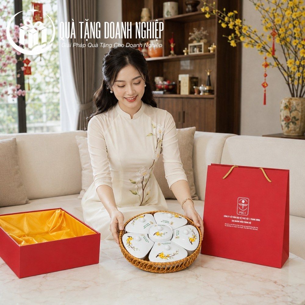 Bộ khay mứt, hũ mứt in logo quà tặng