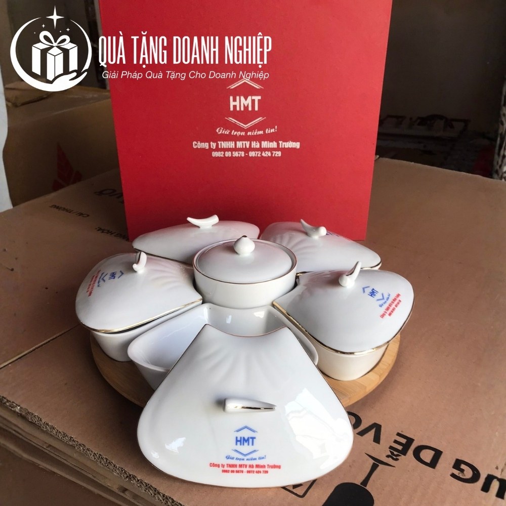Khay mứt sứ trắng in logo quà tặng