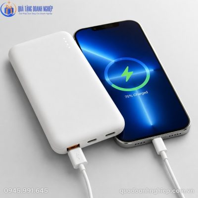 Cận cảnh sạc dự phòng Akus DP230 đang kết nối sạc nhanh ổn định cho điện thoại thông minh qua cáp sạc trắng