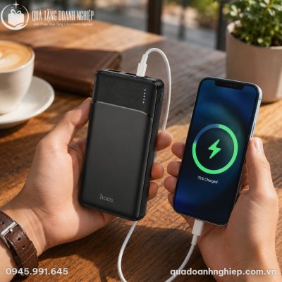 Hình ảnh thực tế người dùng cầm sạc dự phòng Hoco kết nối sạc nhanh cho điện thoại thông minh ngoài trời