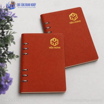 Hai cuốn sổ da còng hở A5 màu nâu đỏ đặt song song trên mặt phẳng xám tối giản