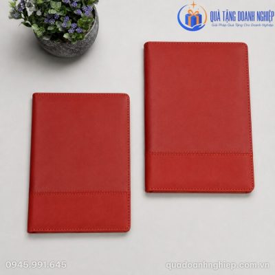 Hai cuốn sổ da SD-09 phiên bản kích thước khác nhau đặt phẳng trên mặt bàn trắng bên cạnh chậu cây