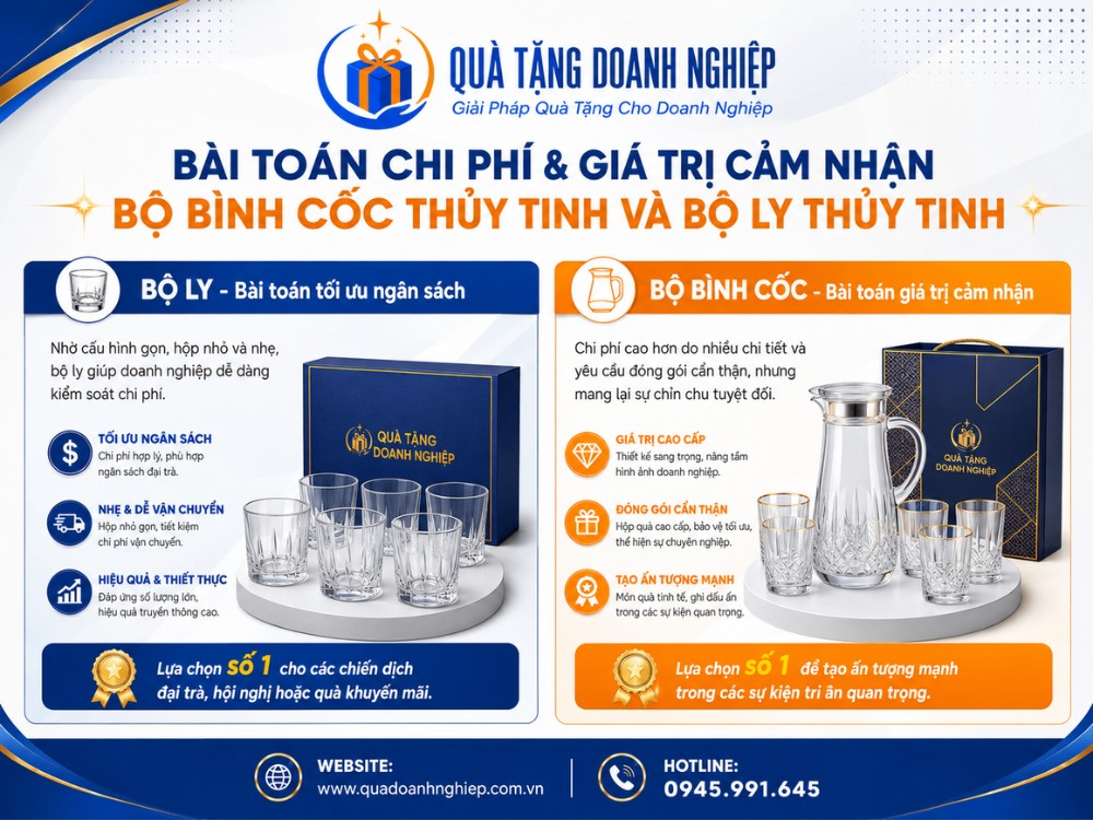 So sánh bộ bình cốc thủy tinh và bộ ly thủy tinh in logo