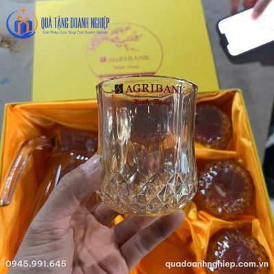 Bộ Bình Cốc Thủy Tinh Hổ Phách Quà Tặng Doanh Nghiệp In Logo Agribank