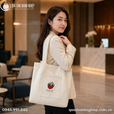 Nữ nhân viên công sở khoác túi canvas TVQT-08 màu trắng kem thanh lịch tại sảnh văn phòng
