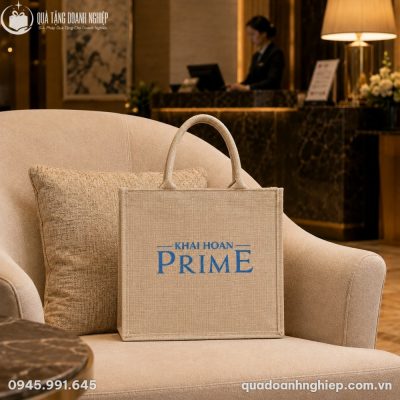 Túi đay TVQT-09 đặt trên ghế sofa nỉ màu kem bên cạnh gối tựa lưng trong không gian sảnh chờ hiện đại