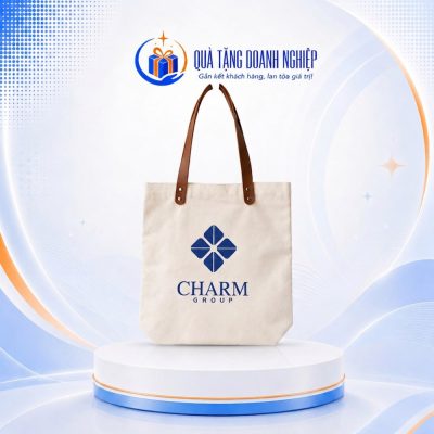 Túi tote canvas màu kem phối quai da in logo quà tặng CVQT-01 - Ảnh đại diện