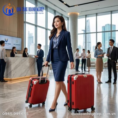 Vali Nhựa ABS Bo Góc Nhôm Màu Đỏ In Logo Quà Tặng Doanh Nghiệp