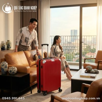 Vali Nhựa ABS Bo Góc Nhôm Màu Đỏ In Logo Quà Tặng Doanh Nghiệp
