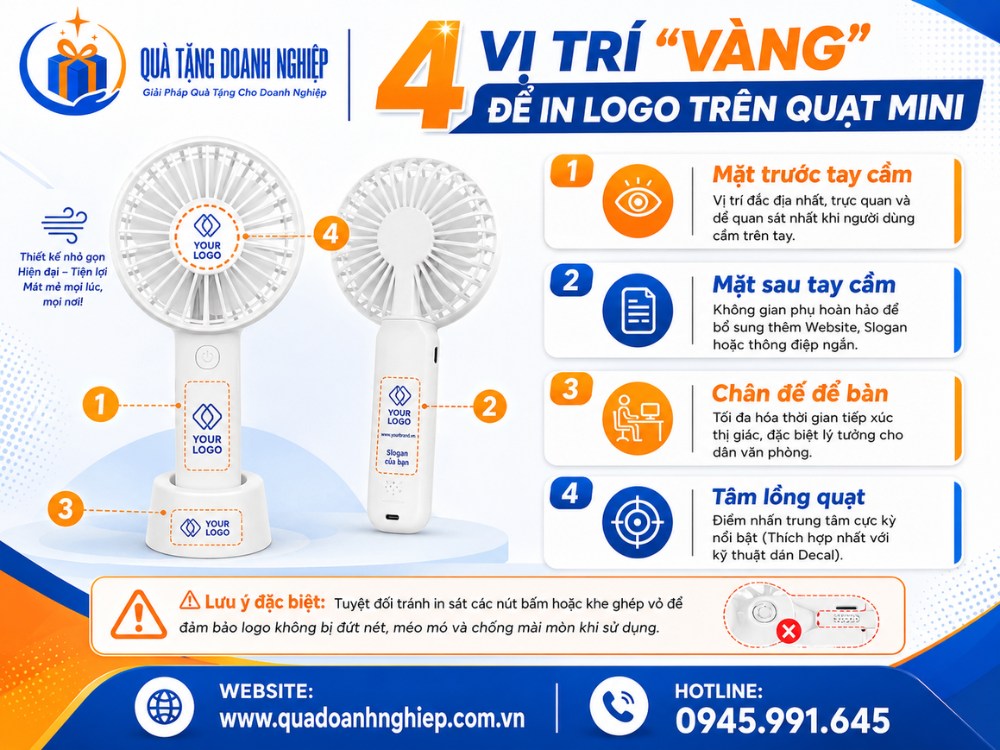 4 vị trí in logo thương hiệu trên quạt điện cầm tay quà tặng