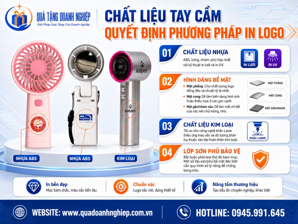 Chất liệu tay cầm quạt quyết định phương pháp in logo