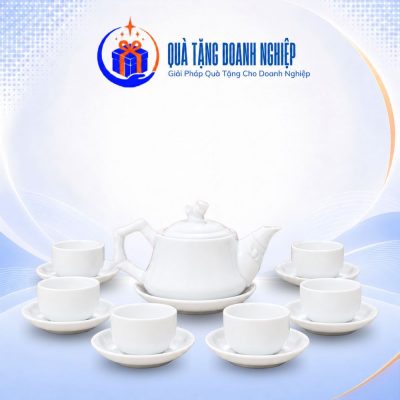 Bộ ấm chén quà tặng in logo men trắng dáng trúc 400ml ACQT-18