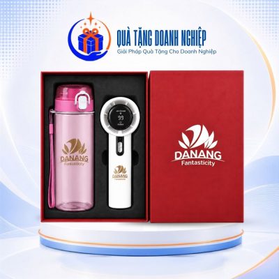Bộ giftset in logo quà tặng bình nước nhựa và quạt điện cầm tay GS-18