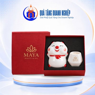 Bộ giftset in logo quà tặng heo đất bánh bao và cốc sứ đựng nến thơm GS-10