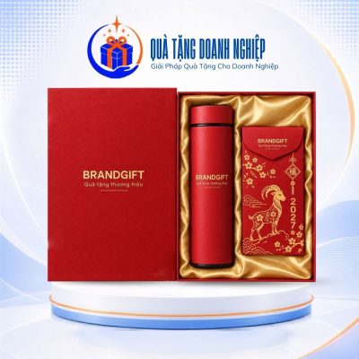 Bộ giftset in logo quà tặng Tết bình giữ nhiệt 500ml và bao lì xì màu đỏ GS-35