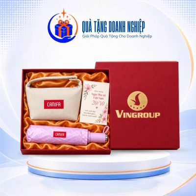 Bộ giftset in logo quà tặng túi cói cầm tay và ô dù gấp 3 tự động GS-11