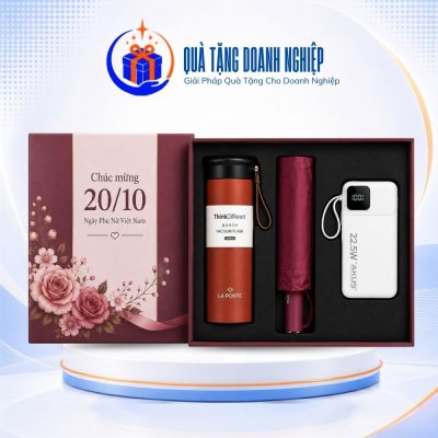 Bộ giftset quà tặng bình giữ nhiệt La Fonte, ô dù và sạc dự phòng AKUS in logo GS-27