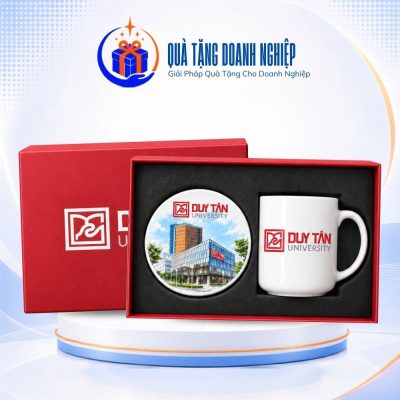 Bộ giftset quà tặng cốc sứ trắng và lót ly gốm in hình ảnh GS-21