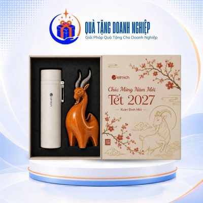 Bộ giftset quà tặng in logo bình giữ nhiệt Elmich và tượng linh vật Dê GS-19