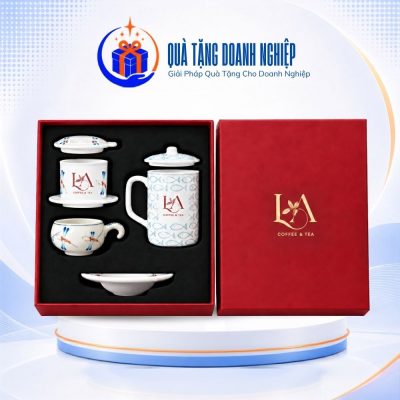 Bộ giftset quà tặng in logo phin cafe và cốc sứ có nắp họa tiết đàn cá - chuồn chuồn GS-30