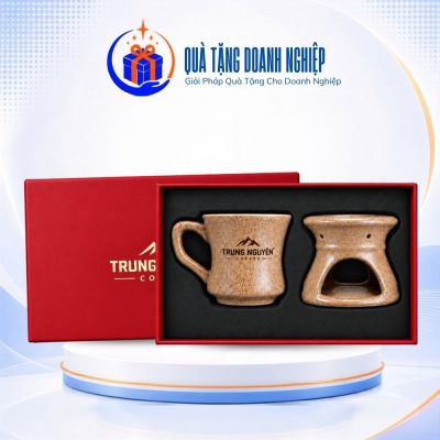 Bộ phin cafe Bát Tràng quà tặng in logo men gốm nâu đốt nến CS-10