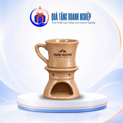 Bộ phin cafe Bát Tràng quà tặng in logo men gốm nâu đốt nến CS-10