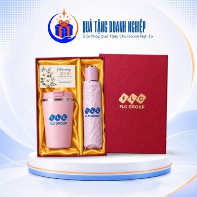 Giftset in logo quà tặng ly giữ nhiệt và ô dù màu hồng GS-23