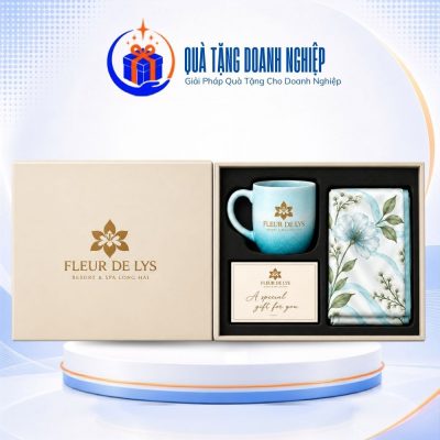Giftset quà tặng “Hương sắc xanh” 20/10 cốc sứ và khăn lụa in logo GS-32