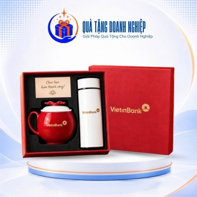 Giftset quà tặng in logo cốc sứ nắp hình quả táo đỏ và bình giữ nhiệt 500ml GS-13