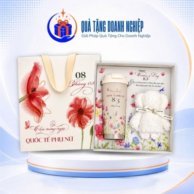 Giftset quà tặng in logo ly giữ nhiệt họa tiết hoa và khăn bông gấp gấu GS-15
