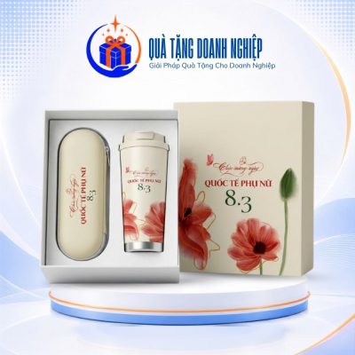 Giftset quà tặng in logo ly giữ nhiệt họa tiết hoa và ô dù gấp 5 GS-14