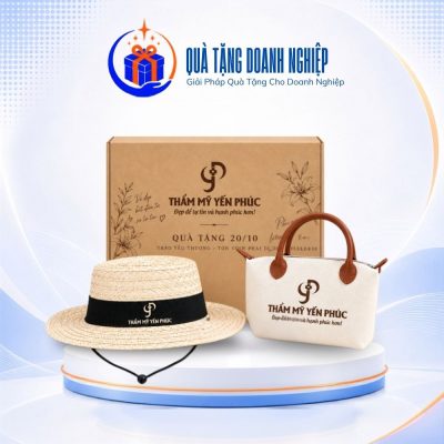 Giftset quà tặng túi cói cầm tay và mũ lá buông 2 lớp in logo GS-11